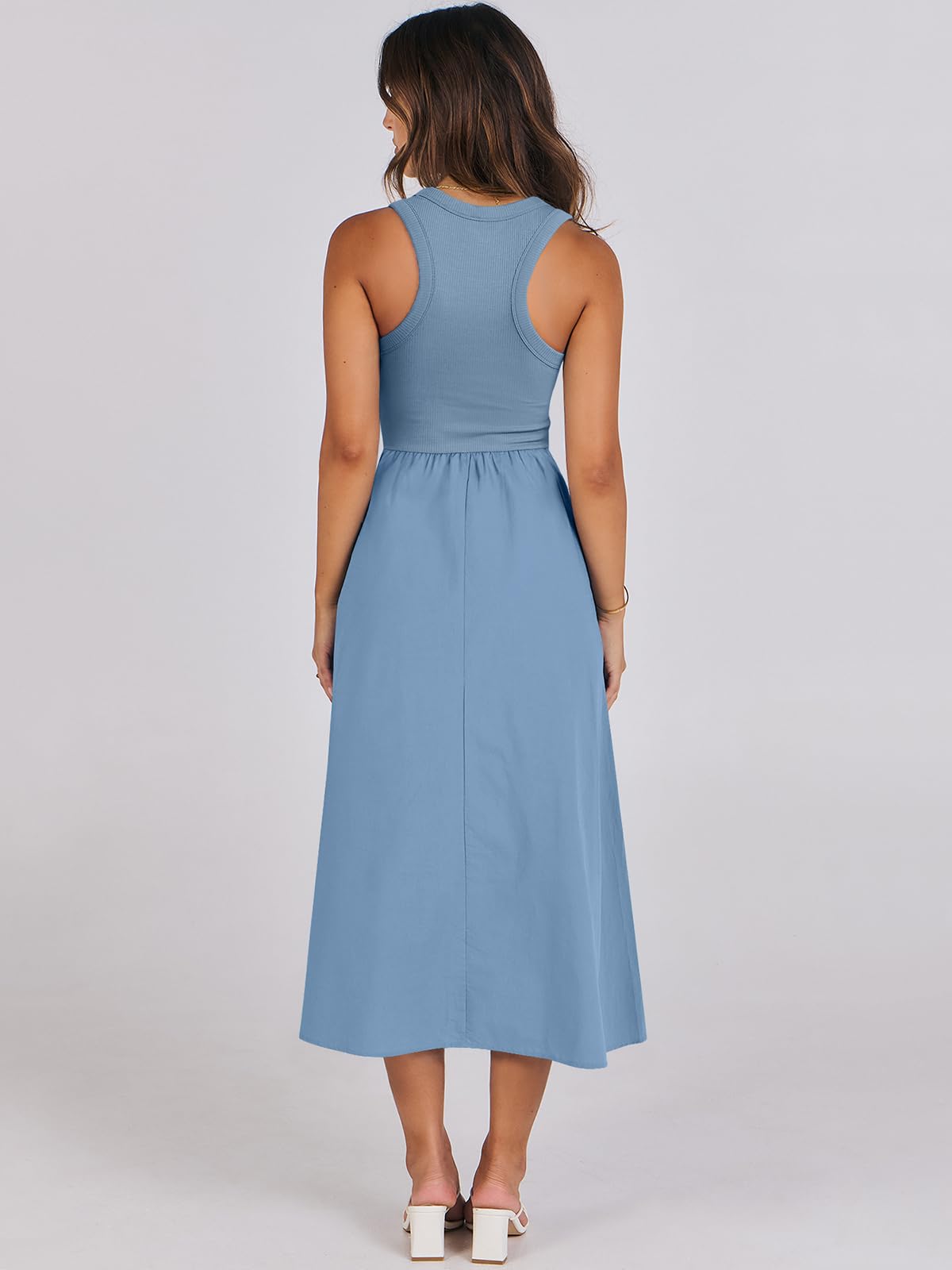 Women's Summer Casual Sleeveless Midi Sundress Knit High Neck Tank Top Racerback Flowy Dresses