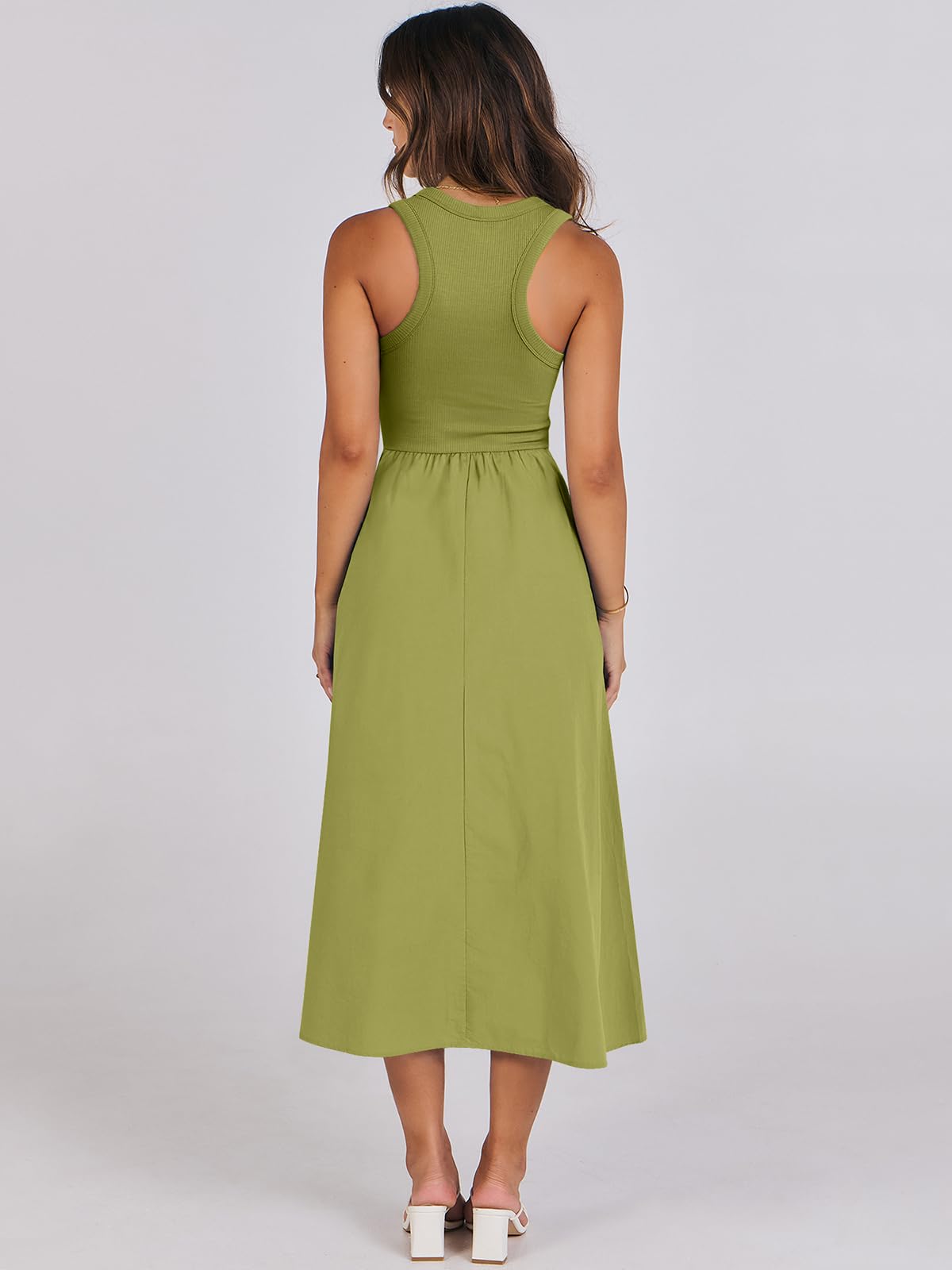 Women's Summer Casual Sleeveless Midi Sundress Knit High Neck Tank Top Racerback Flowy Dresses