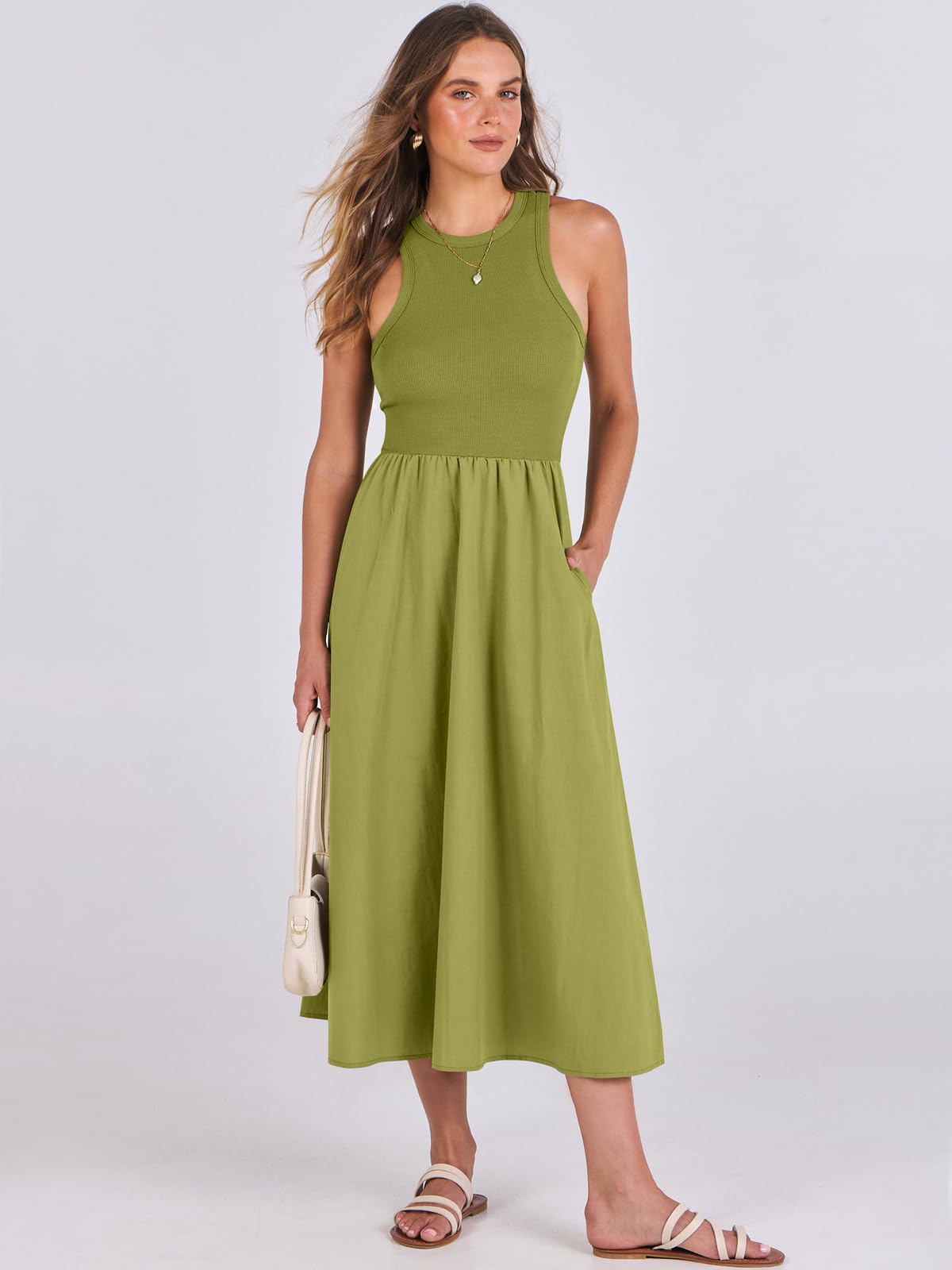 Women's Summer Casual Sleeveless Midi Sundress Knit High Neck Tank Top Racerback Flowy Dresses