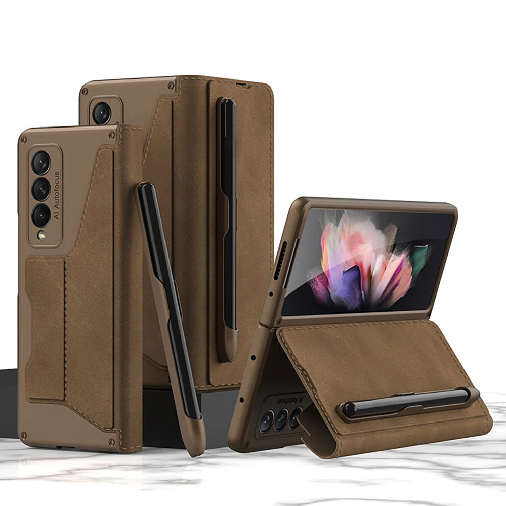 Shockproof Armor Leather Flip Case With S-pen Holder Screen Protector for Samsung Galaxy Z Fold6/5/4/3 