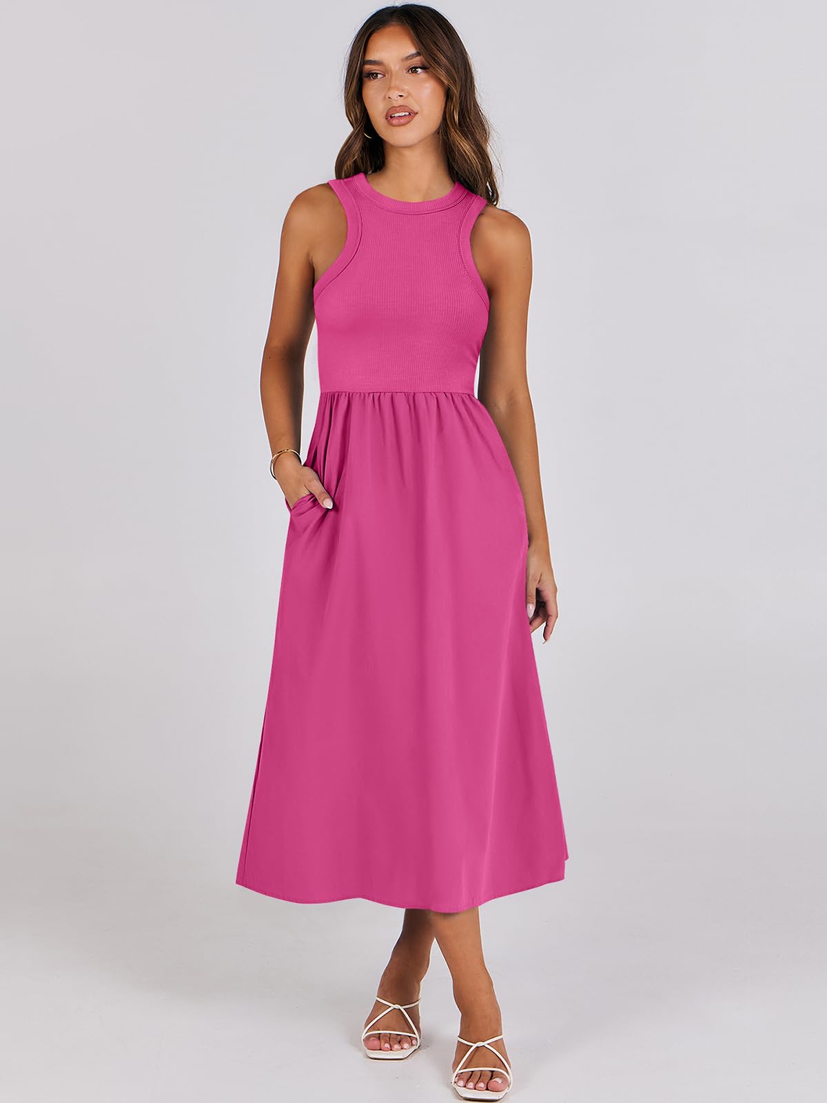 Women's Summer Casual Sleeveless Midi Sundress Knit High Neck Tank Top Racerback Flowy Dresses