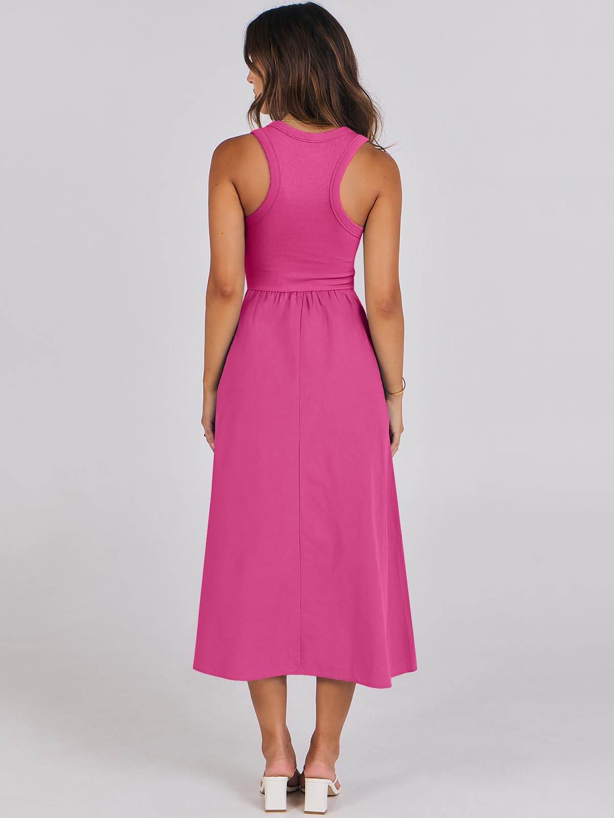 Women's Summer Casual Sleeveless Midi Sundress Knit High Neck Tank Top Racerback Flowy Dresses