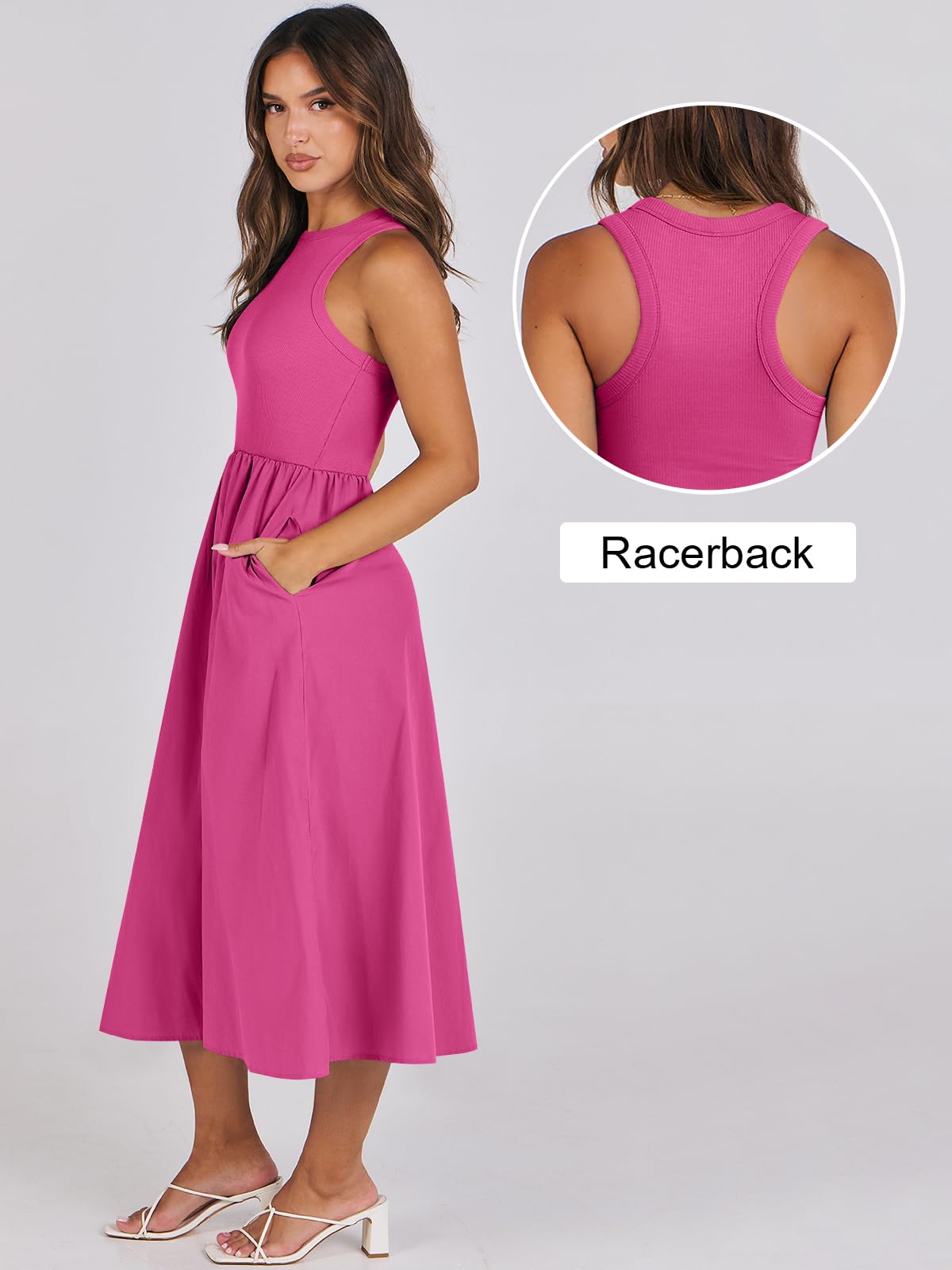 Women's Summer Casual Sleeveless Midi Sundress Knit High Neck Tank Top Racerback Flowy Dresses