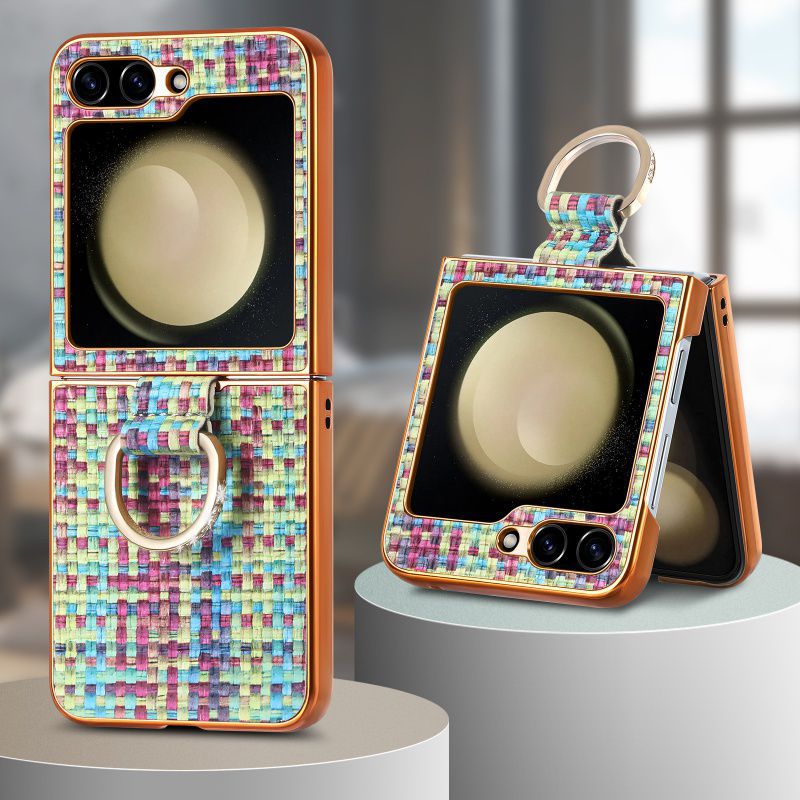 Plating Knitted Pattern Case With Ring Buckle For Samsung Galaxy Z Flip 6 5 4 3  