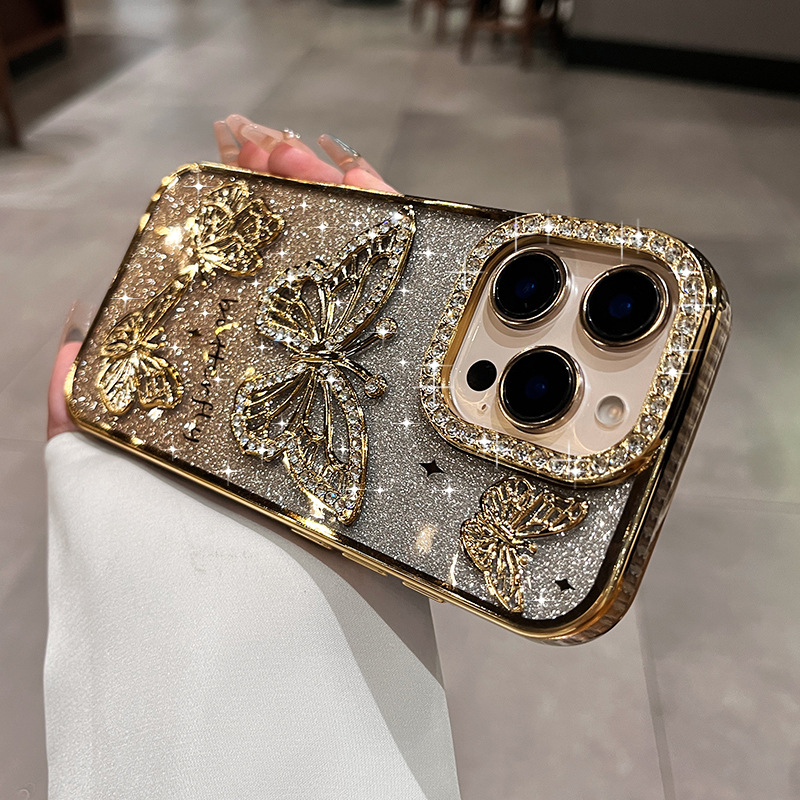  Luxury Bling Diamond Transparent Ins Butterfly Case for iPhone 16 15 14 13 Series