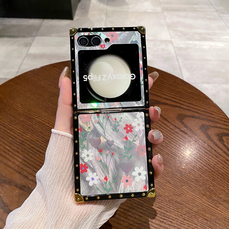 Light Luxury Wind Bell Flower Diamond Ring Holder Square Plating Case For Samsung Galaxy Z Flip 5 4 3 