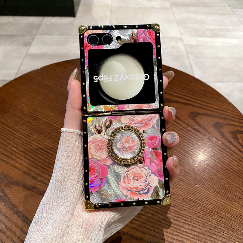 Light Luxury Wind Bell Flower Diamond Ring Holder Square Plating Case For Samsung Galaxy Z Flip 5 4 3 