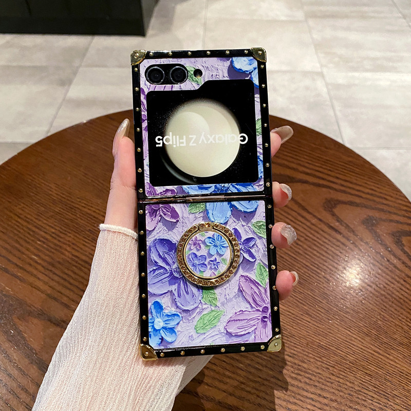 Light Luxury Wind Bell Flower Diamond Ring Holder Square Plating Case For Samsung Galaxy Z Flip 5 4 3 