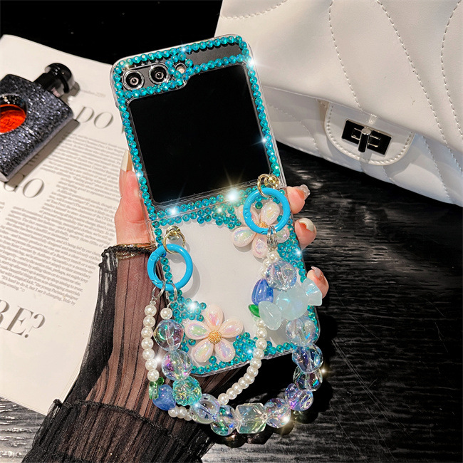 Luxury Cute Pearl Diamond Crystal Glitter Wrist Phone Case For Z Flip Fold 6/5 