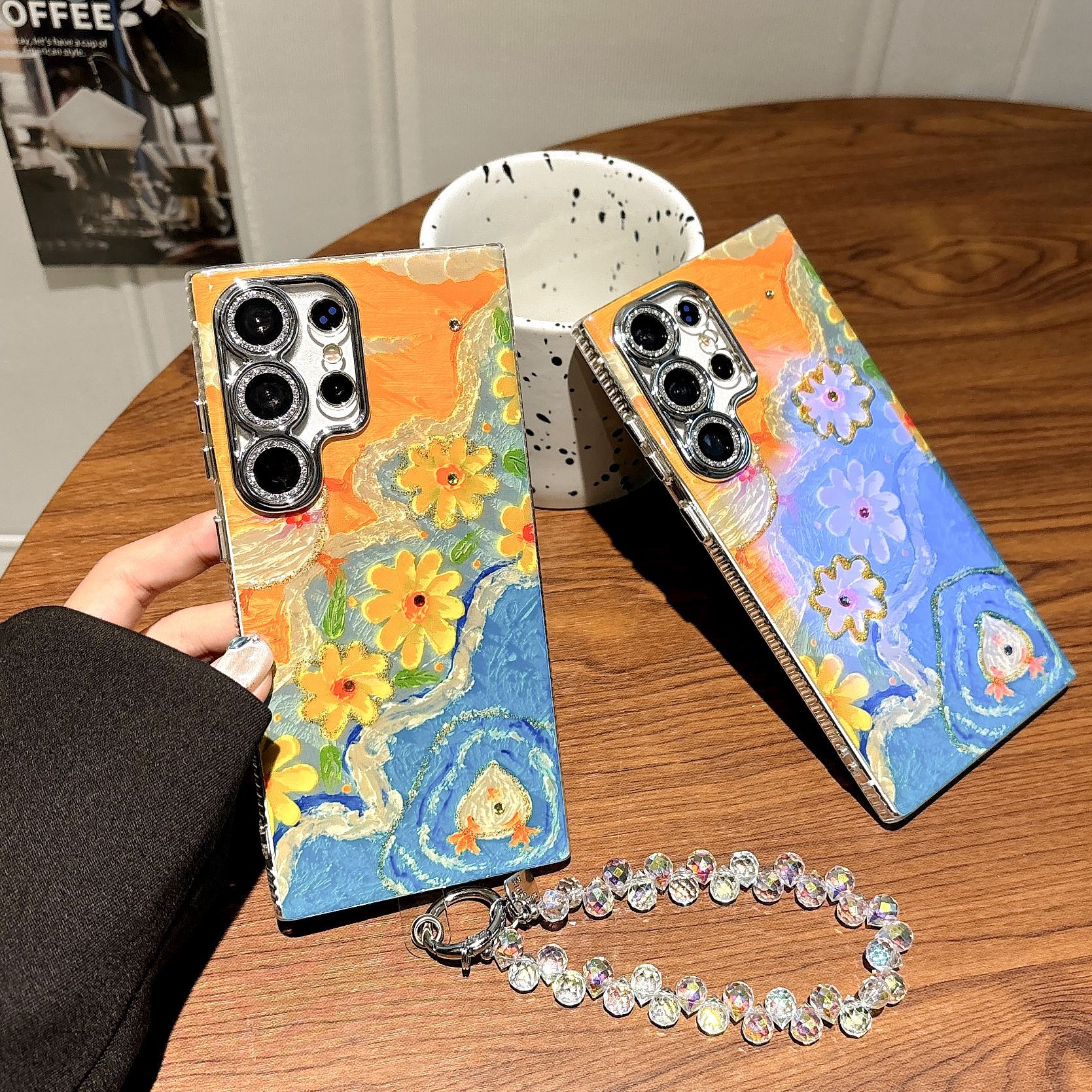 Ins Hot Oil Painting Flower Phone Case with Lens Protector Film