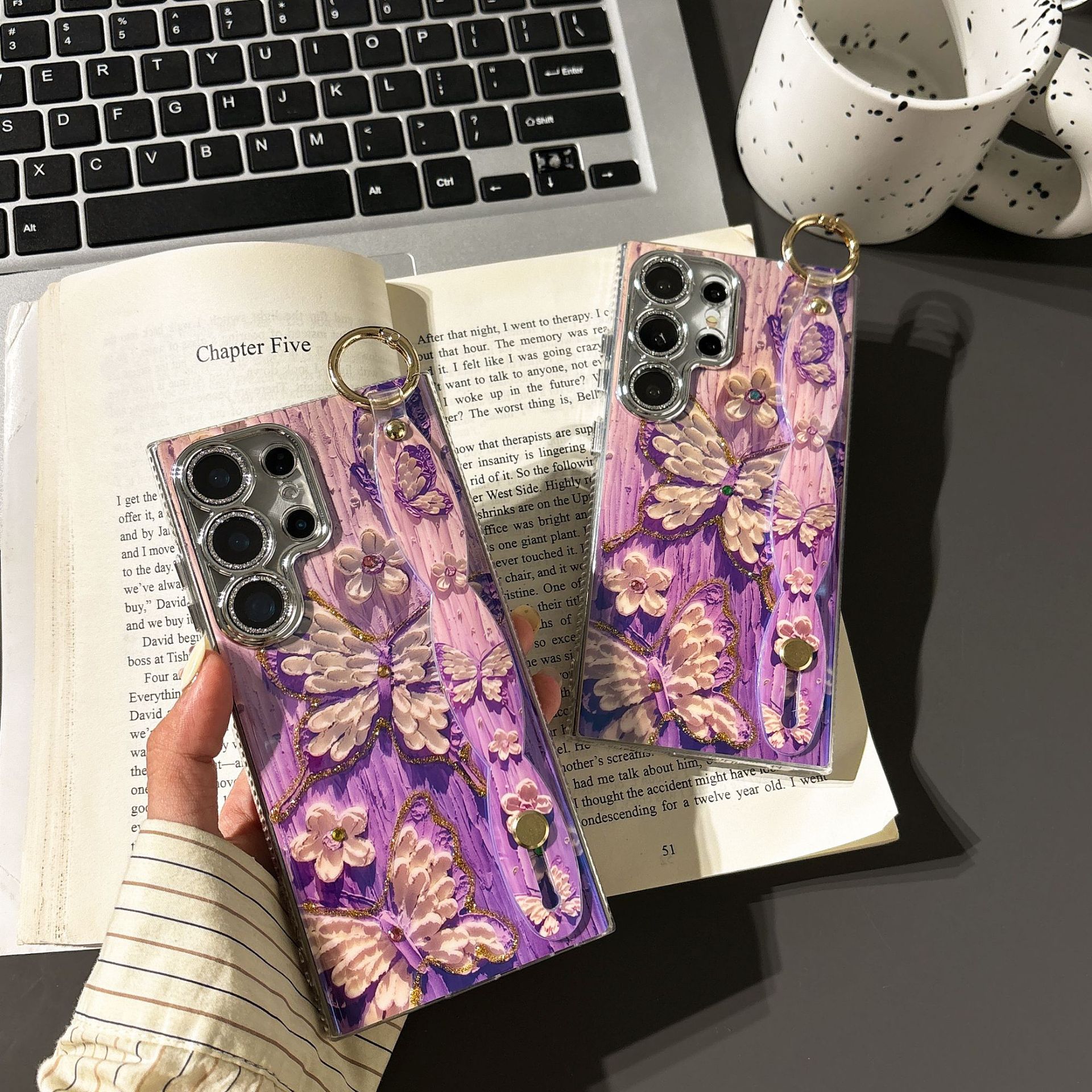 Wrist Strap Oil Painting Butterfly Phone Case for Samsung Galaxy S24 Ultra Plus