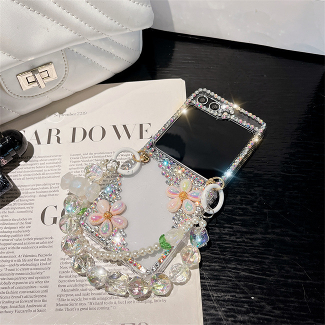 Luxury Cute Pearl Diamond Crystal Glitter Wrist Phone Case For Z Flip Fold 6/5 