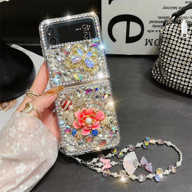 Luxury Rhinestones Crystal Butterfly Peony Flower  Phone Case For Samsung Galaxy Z Flip Series