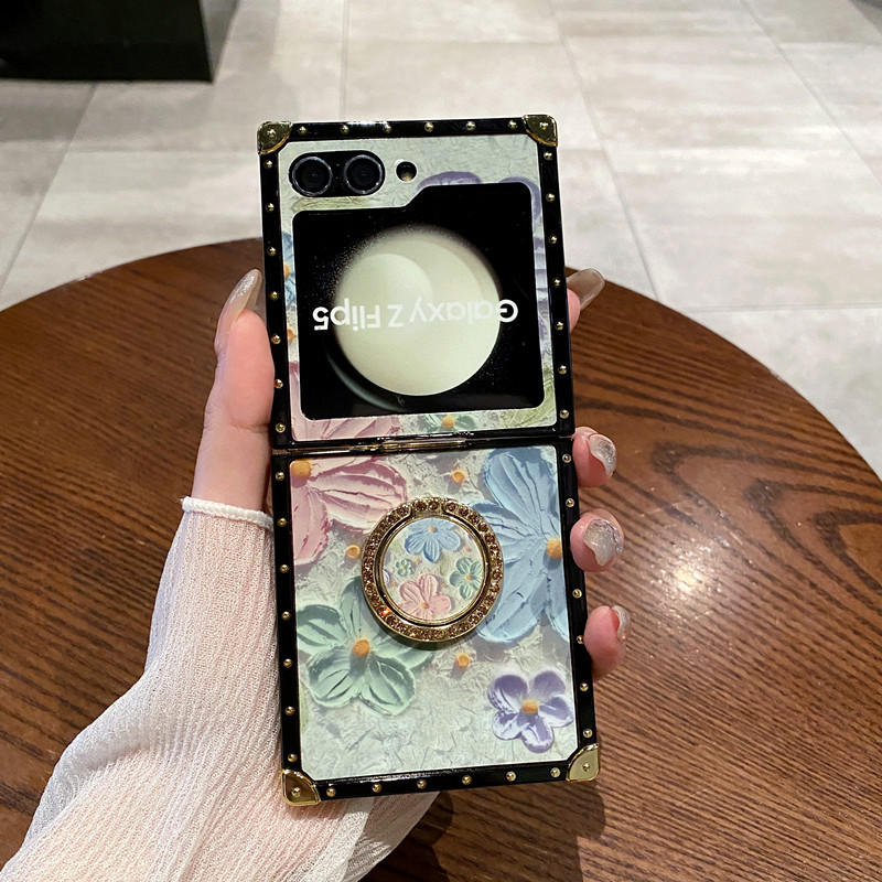 Light Luxury Wind Bell Flower Diamond Ring Holder Square Plating Case For Samsung Galaxy Z Flip 5 4 3 