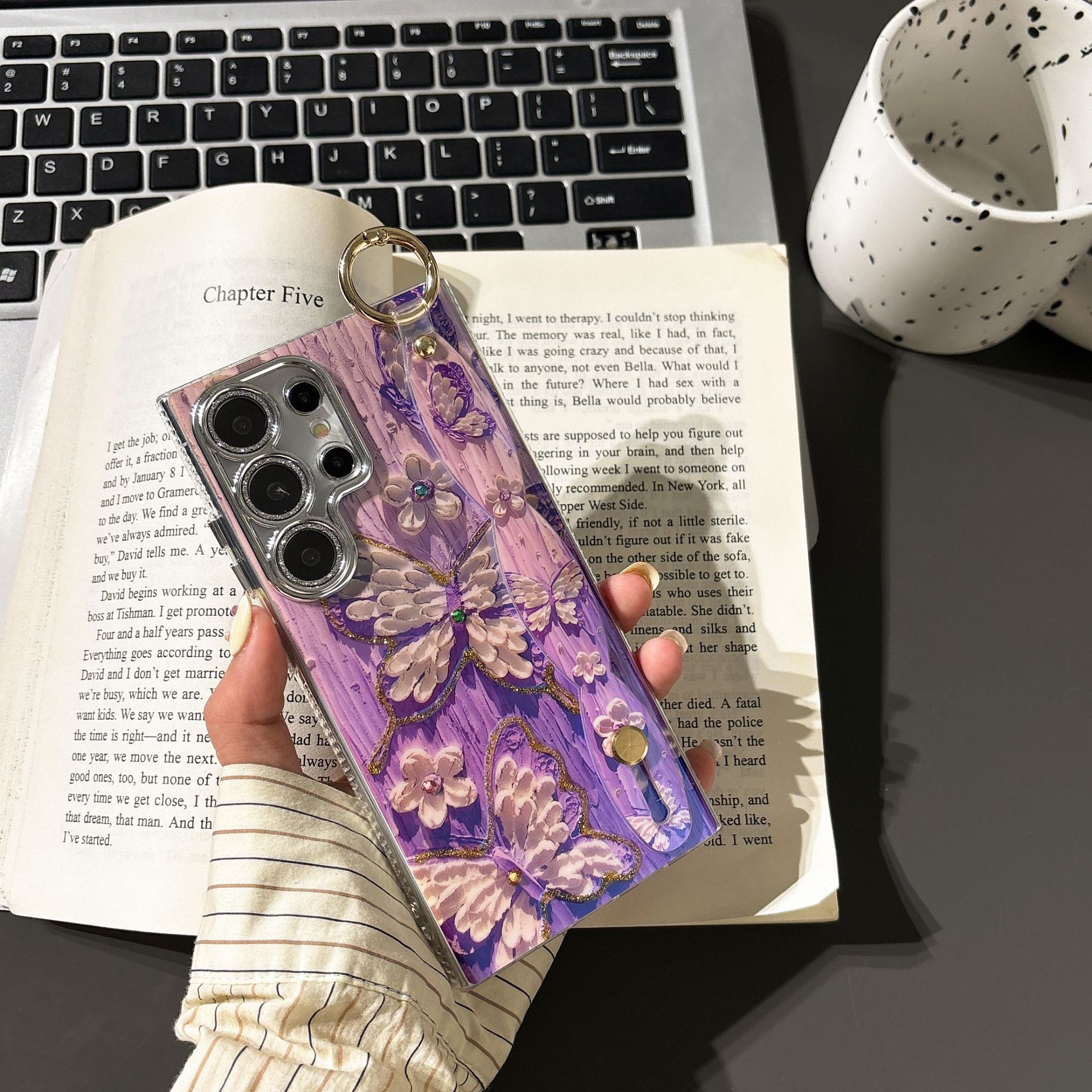 Wrist Strap Oil Painting Butterfly Phone Case for Samsung Galaxy S24 Ultra Plus