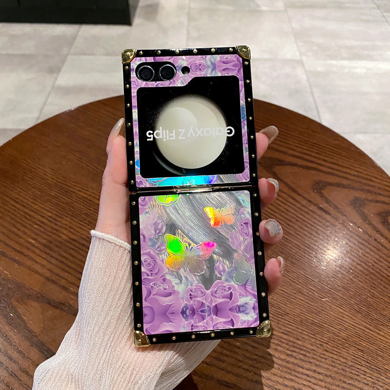 Light Luxury Wind Bell Flower Diamond Ring Holder Square Plating Case For Samsung Galaxy Z Flip 5 4 3 