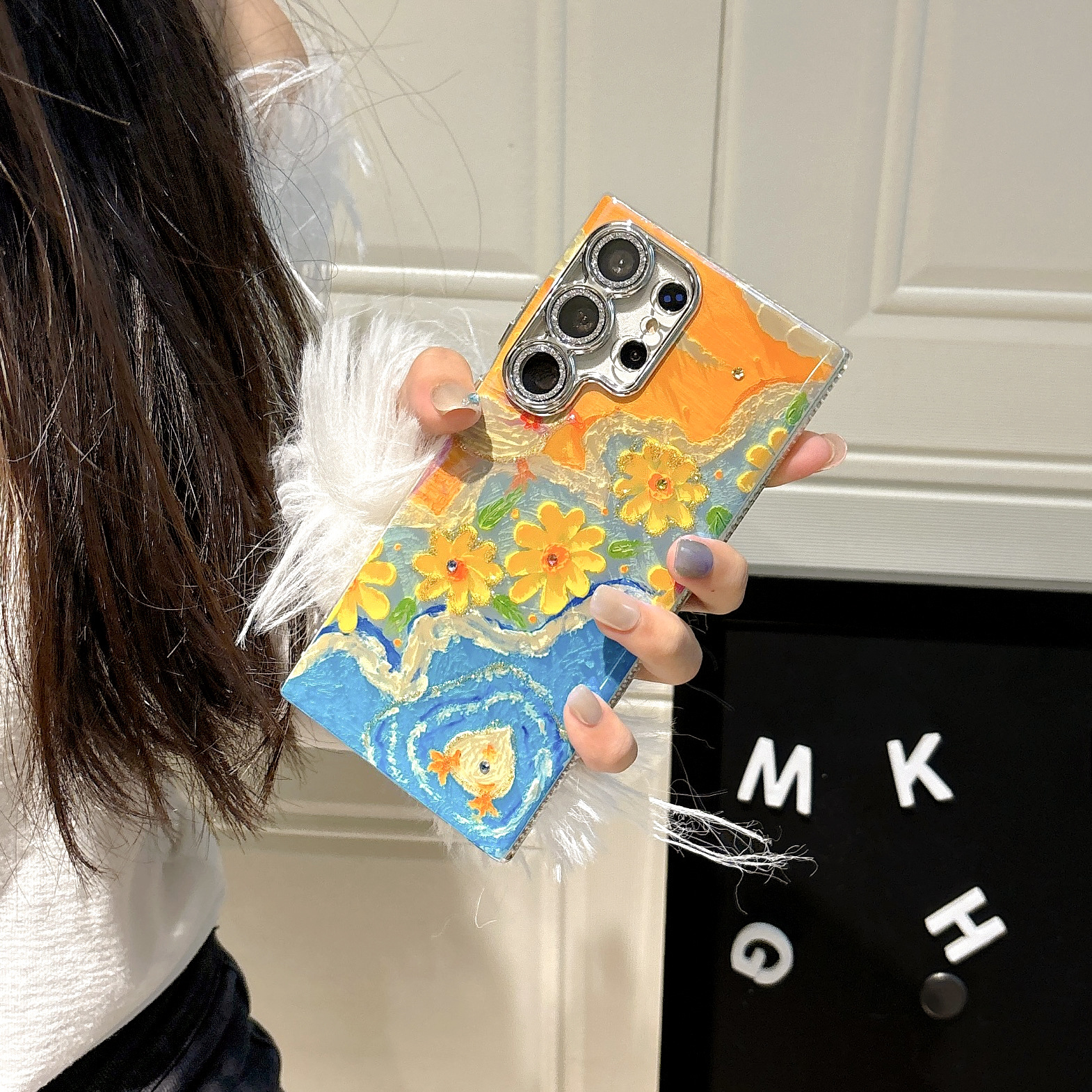 Ins Hot Oil Painting Flower Phone Case with Lens Protector Film