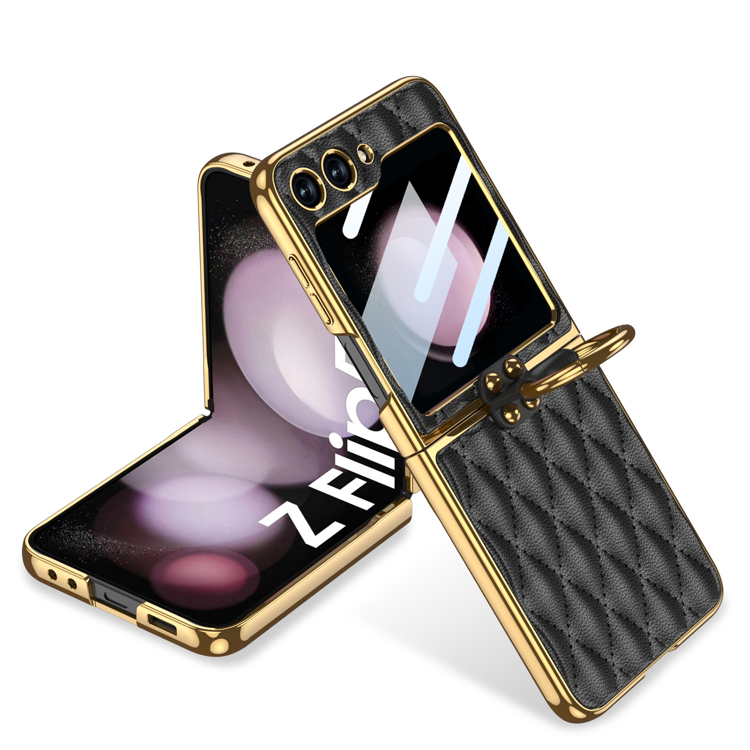 Luxury Leather Plating Ring Holder Case For Samsung Galaxy Z Flip 5