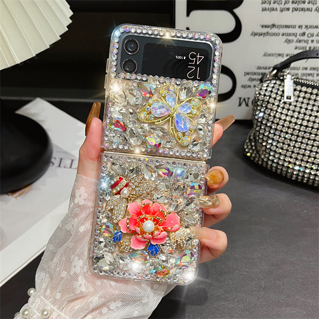 Luxury Rhinestones Crystal Butterfly Peony Flower  Phone Case For Samsung Galaxy Z Flip Series