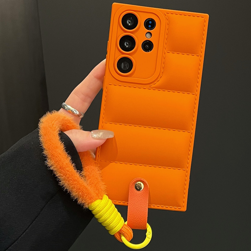Down Jacket Style Wrist Strap Phone Case For Samsung S24 Ultra Plus