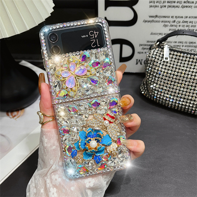 Luxury Rhinestones Crystal Butterfly Peony Flower  Phone Case For Samsung Galaxy Z Flip Series