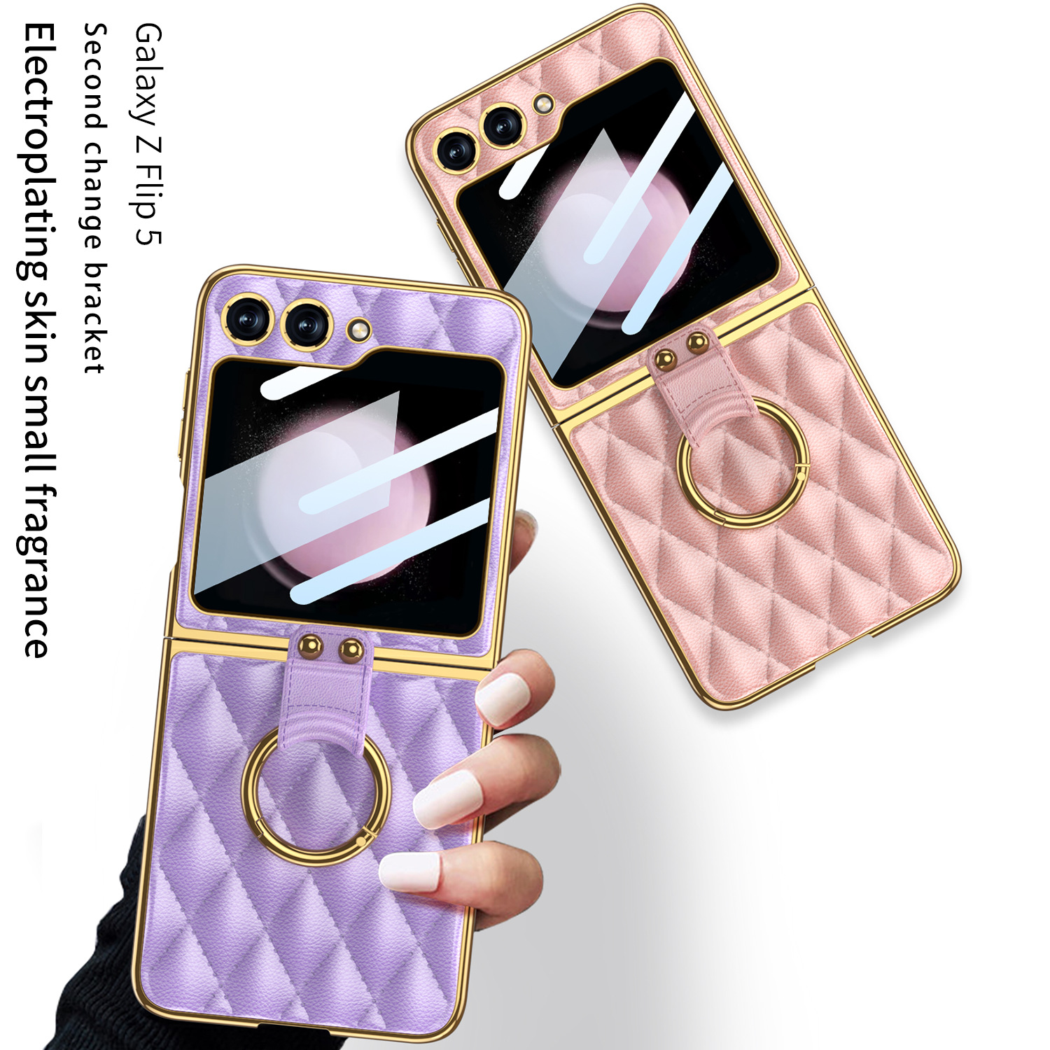 Luxury Leather Plating Ring Holder Case For Samsung Galaxy Z Flip 5