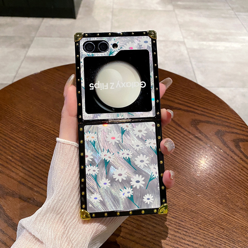 Light Luxury Wind Bell Flower Diamond Ring Holder Square Plating Case For Samsung Galaxy Z Flip 5 4 3 