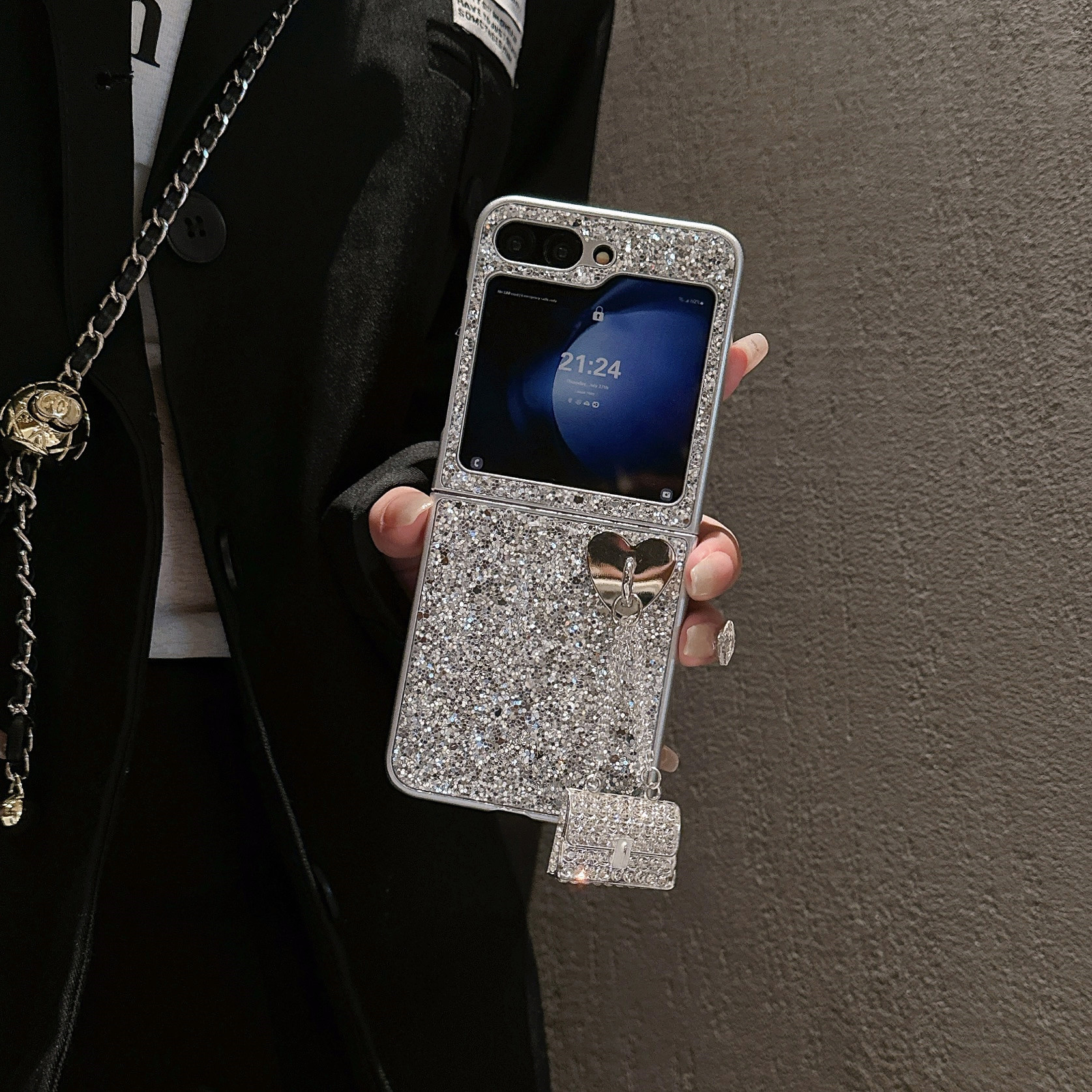 Silver Sparkling Diamond Phone Case For Samsung Galaxy  Z Flip 6 5 4 3