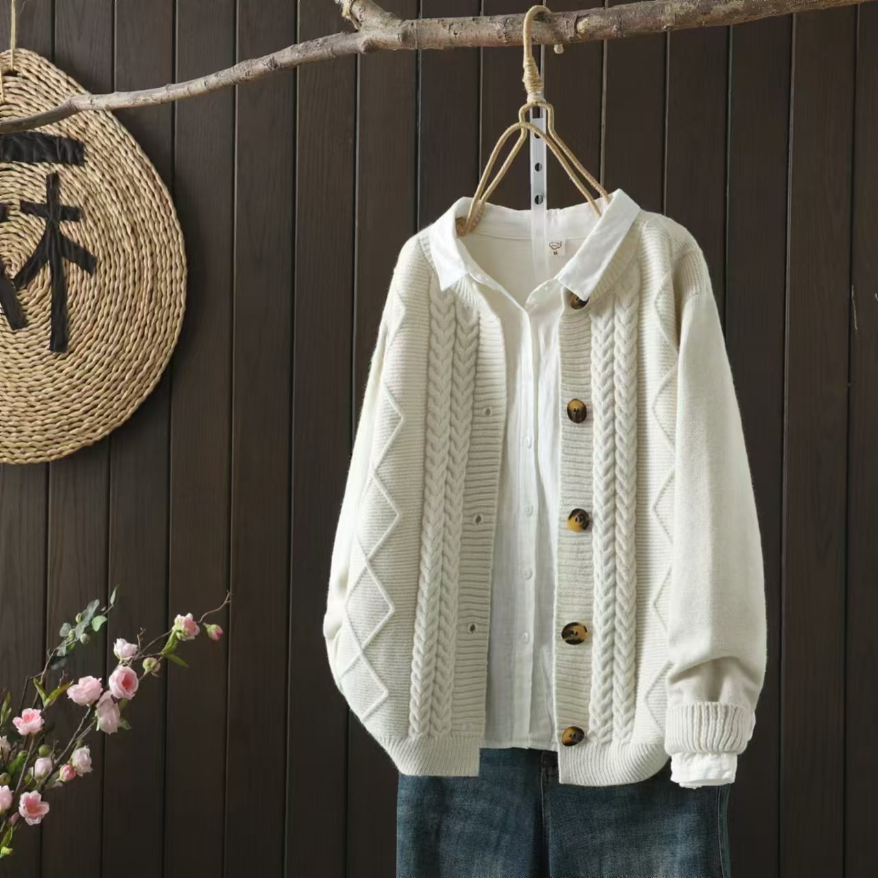 Jacquard knit cardigan button sweater