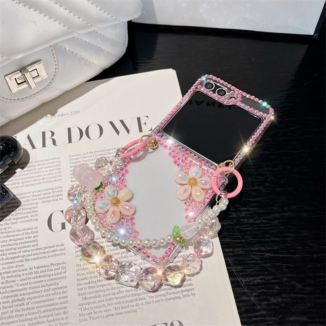 Luxury Cute Pearl Diamond Crystal Glitter Wrist Phone Case For Z Flip Fold 6/5 