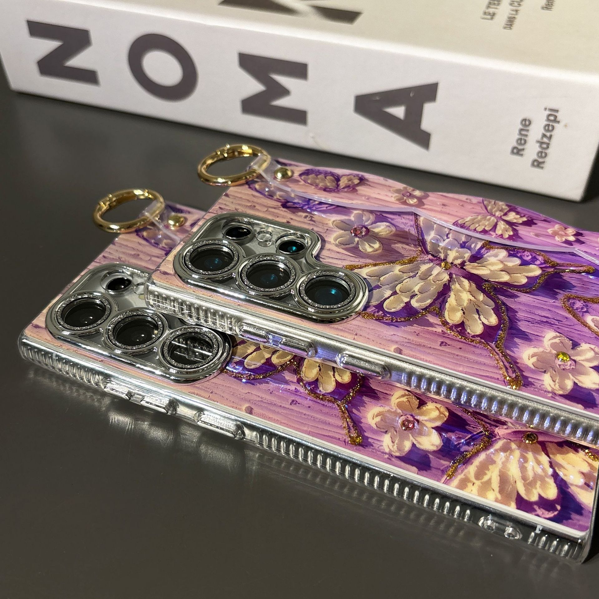 Wrist Strap Oil Painting Butterfly Phone Case for Samsung Galaxy S24 Ultra Plus