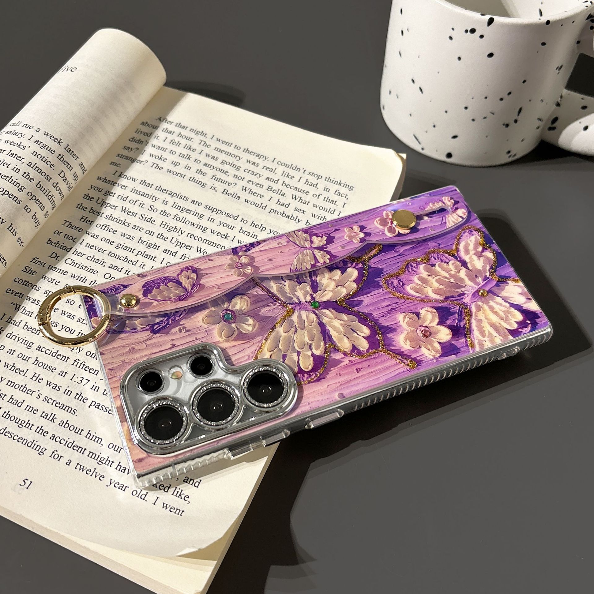 Wrist Strap Oil Painting Butterfly Phone Case for Samsung Galaxy S24 Ultra Plus