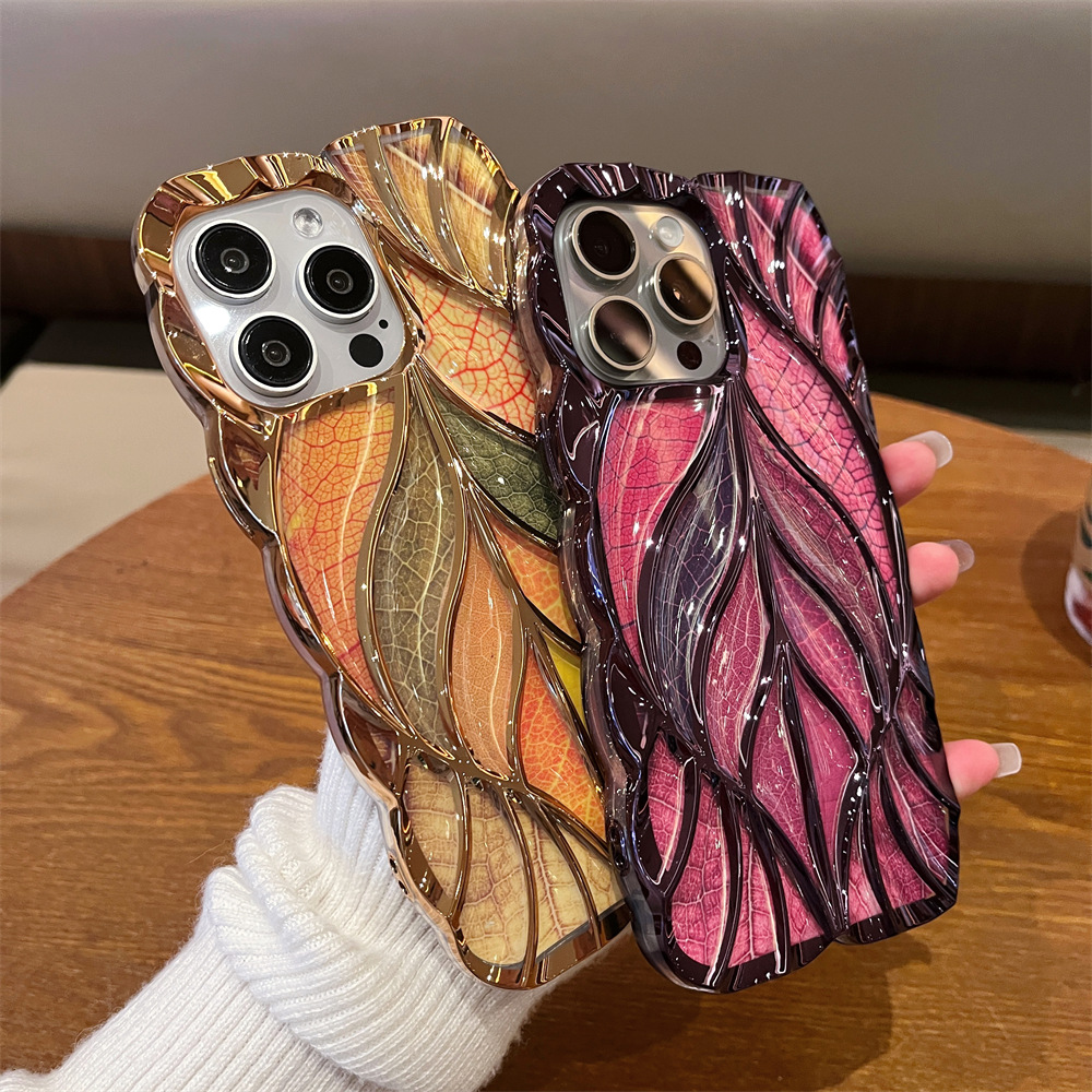 Fashion Stereoscopic Plating Leaf Gradient Glitter Card Shockproof Protective Phone Case For iPhone Series