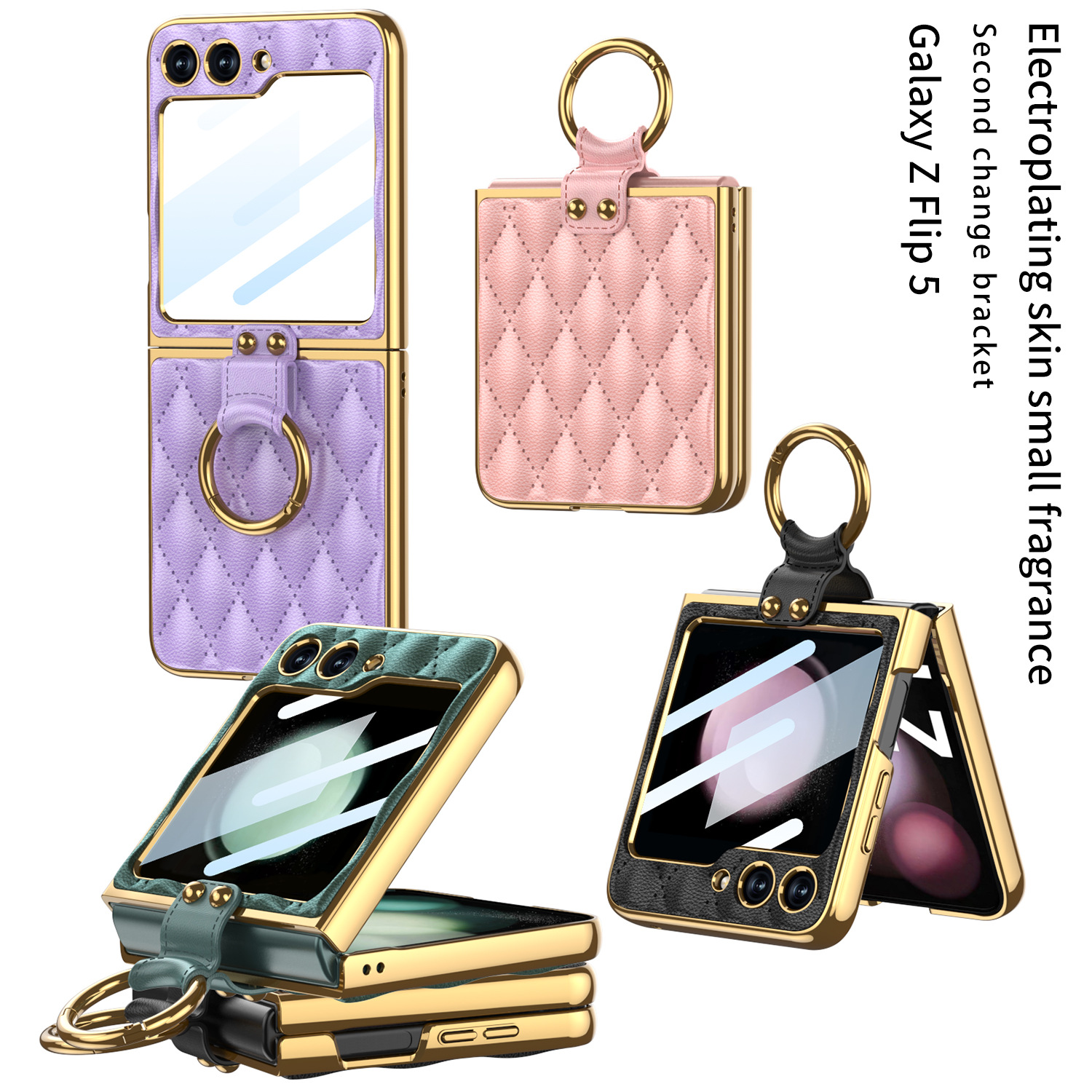Luxury Leather Plating Ring Holder Case For Samsung Galaxy Z Flip 5