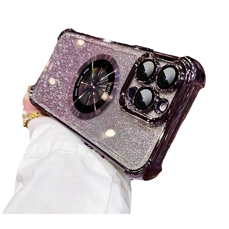 Applicable to iPhone16PRO electroplating four-corner lens film mobile phone case Apple 15 glitter magnetic bracket protective cover