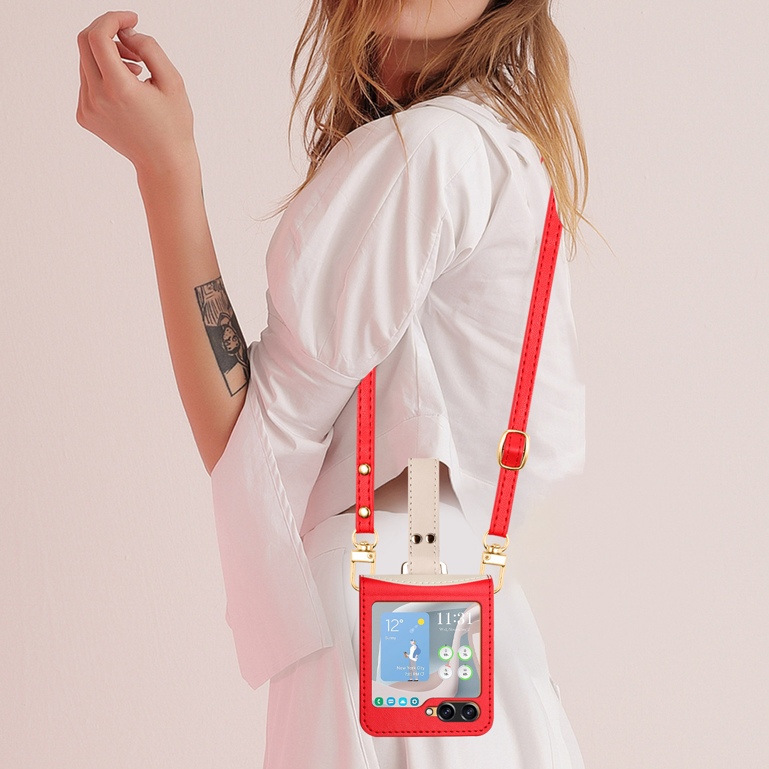 Crossbody Long Lanyard Electroplated Plain Leather Phone Case For Samsung Galaxy Z Flip 6/5/4/3