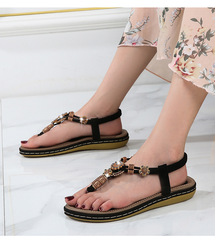 Bohemian wooden bead woven large size flat casual shoes