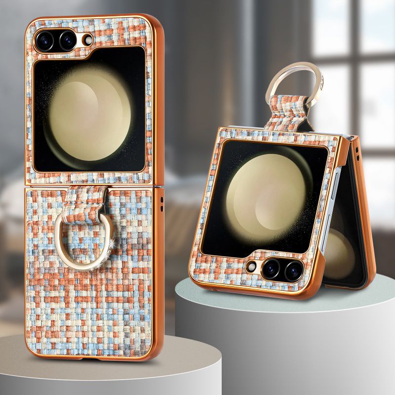 Plating Knitted Pattern Case With Ring Buckle For Samsung Galaxy Z Flip 6 5 4 3  