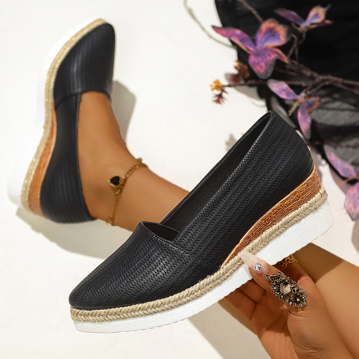 2025 new braided hemp rope platform bottom shallow breathable pointed toe women's shoes