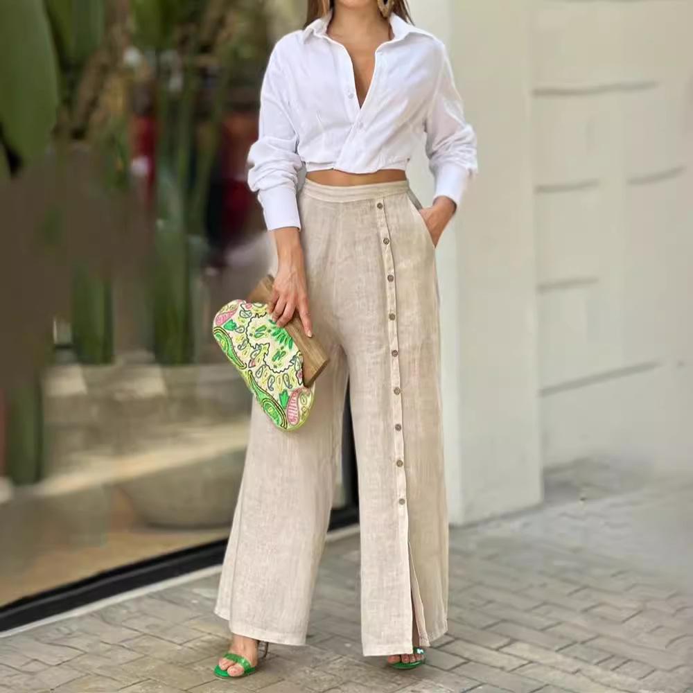 Women's Summer Casual Linen Wide Leg Buttoned Pants