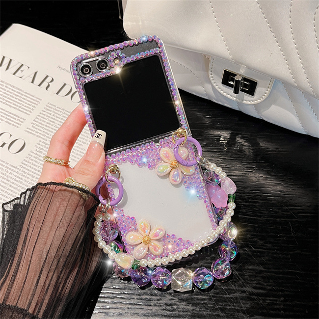 Luxury Cute Pearl Diamond Crystal Glitter Wrist Phone Case For Z Flip Fold 6/5 