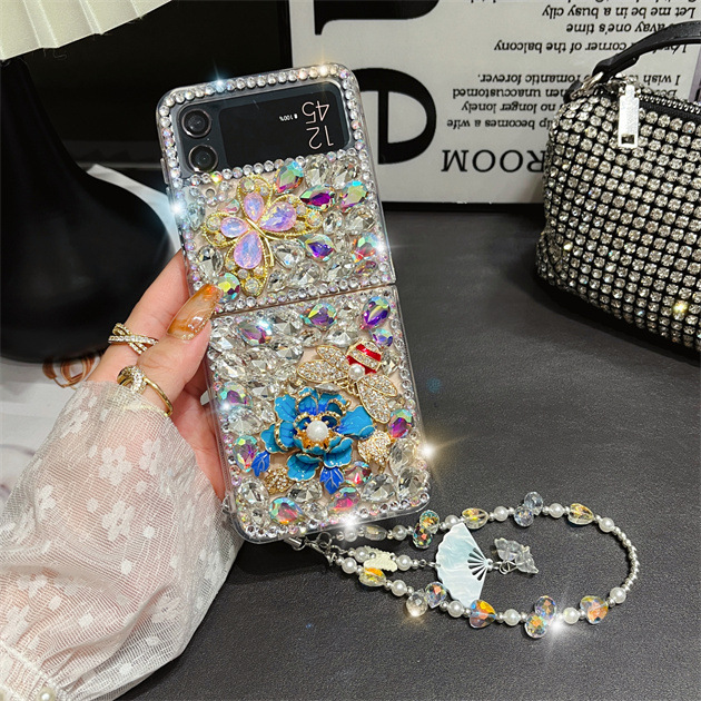 Luxury Rhinestones Crystal Butterfly Peony Flower  Phone Case For Samsung Galaxy Z Flip Series