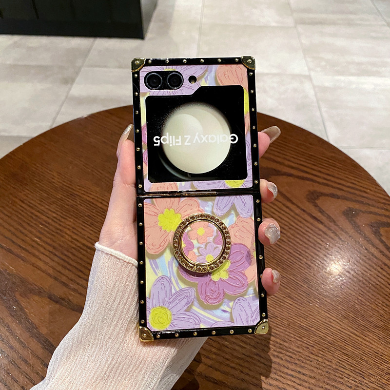 Light Luxury Wind Bell Flower Diamond Ring Holder Square Plating Case For Samsung Galaxy Z Flip 5 4 3 