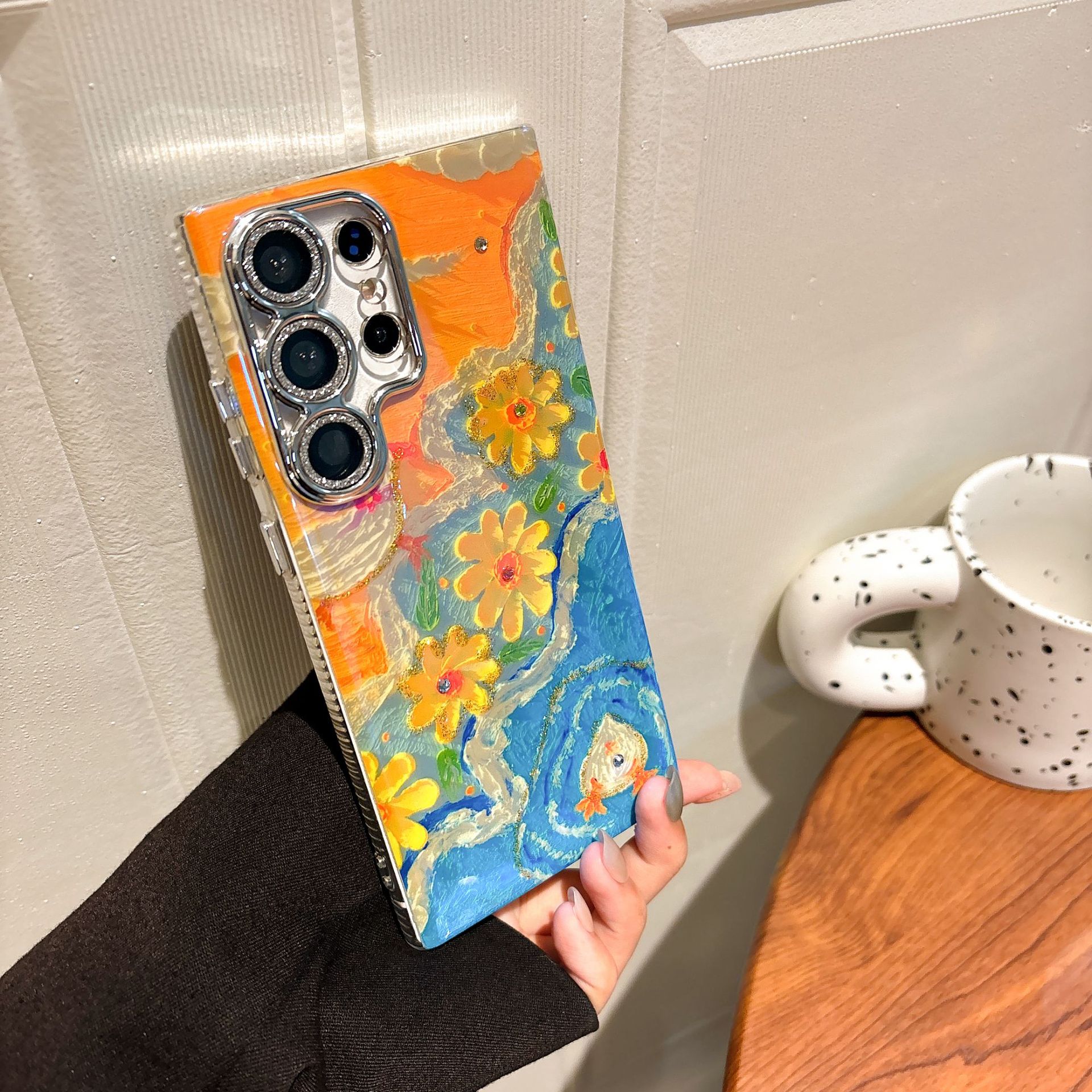Ins Hot Oil Painting Flower Phone Case with Lens Protector Film