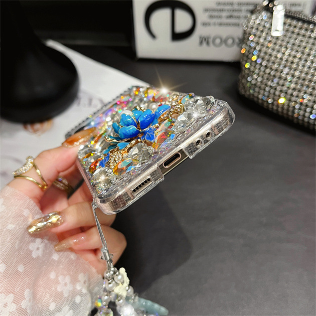 Luxury Rhinestones Crystal Butterfly Peony Flower  Phone Case For Samsung Galaxy Z Flip Series