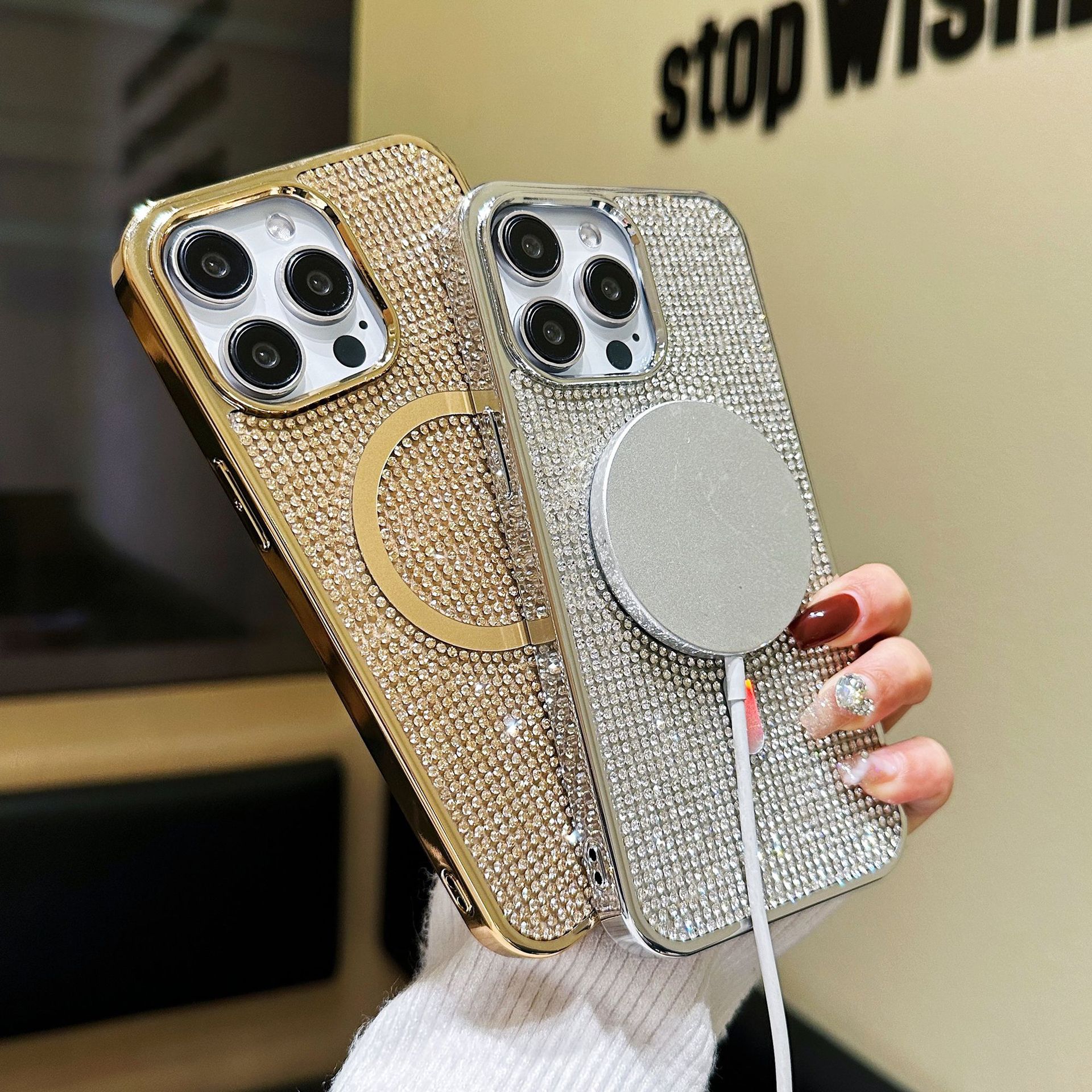 New Glitter Shining Diamond Plating Slim Wireless Charging Phone Case for iPhone Series