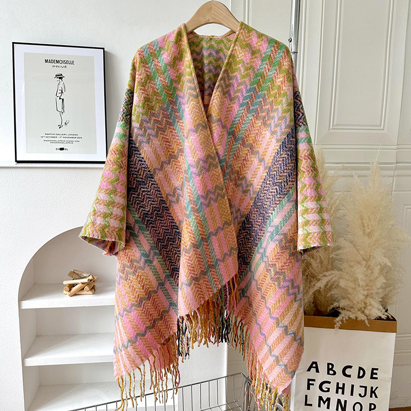 Women's plaid thickened warm sleeve knitted shawl