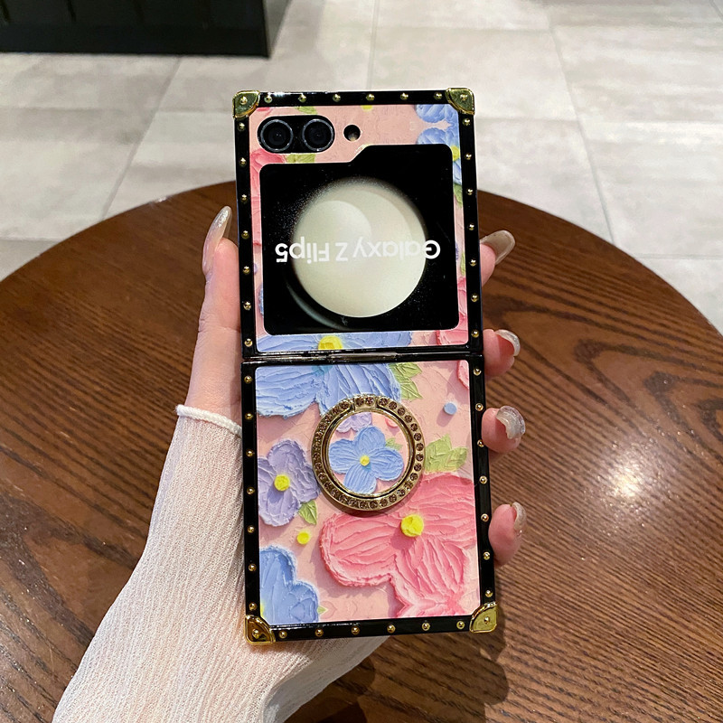 Light Luxury Wind Bell Flower Diamond Ring Holder Square Plating Case For Samsung Galaxy Z Flip 5 4 3 