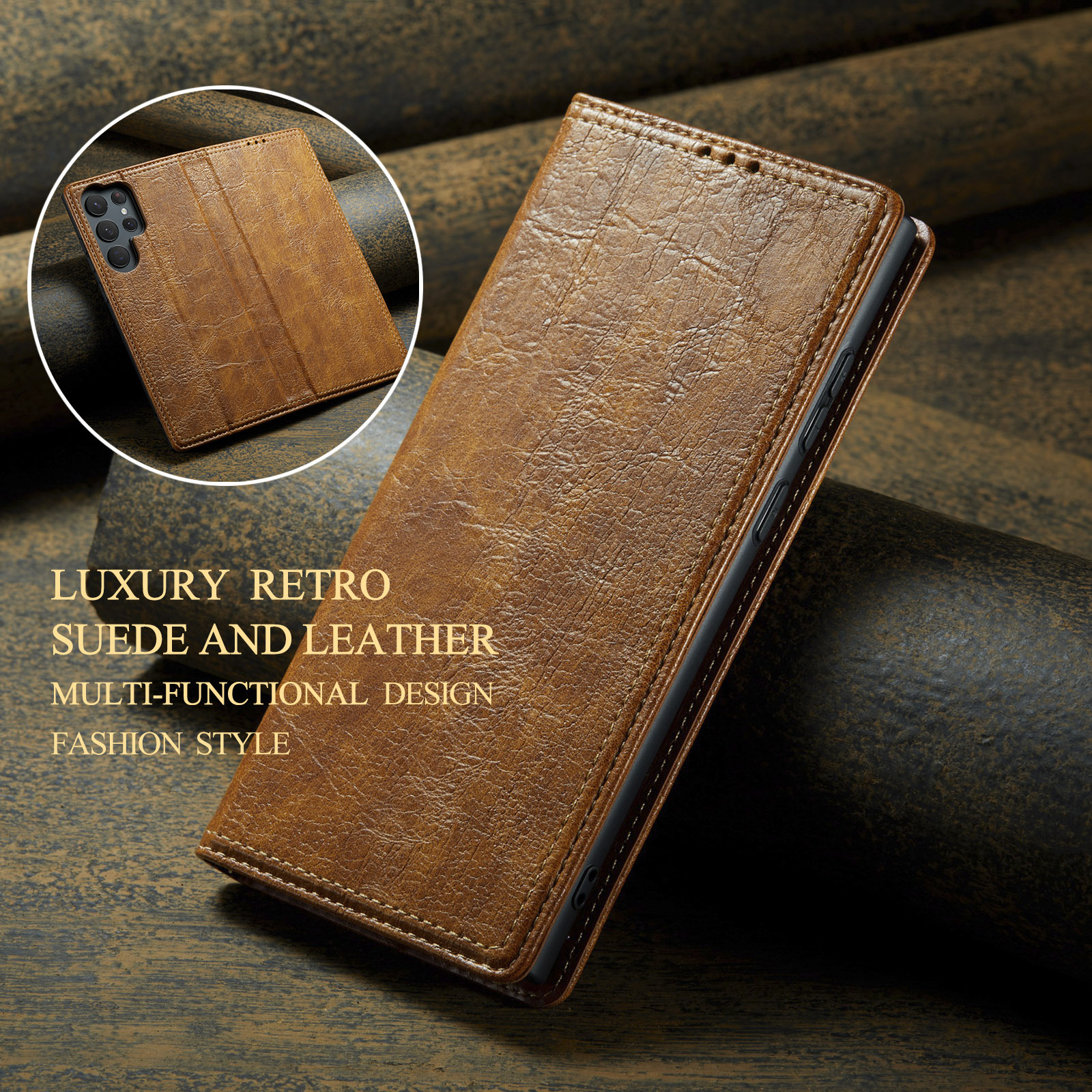 Genuine Leather Bark Pattern Retro Vintage Business Case For Samsung Galaxy S22 Ultra Plus 