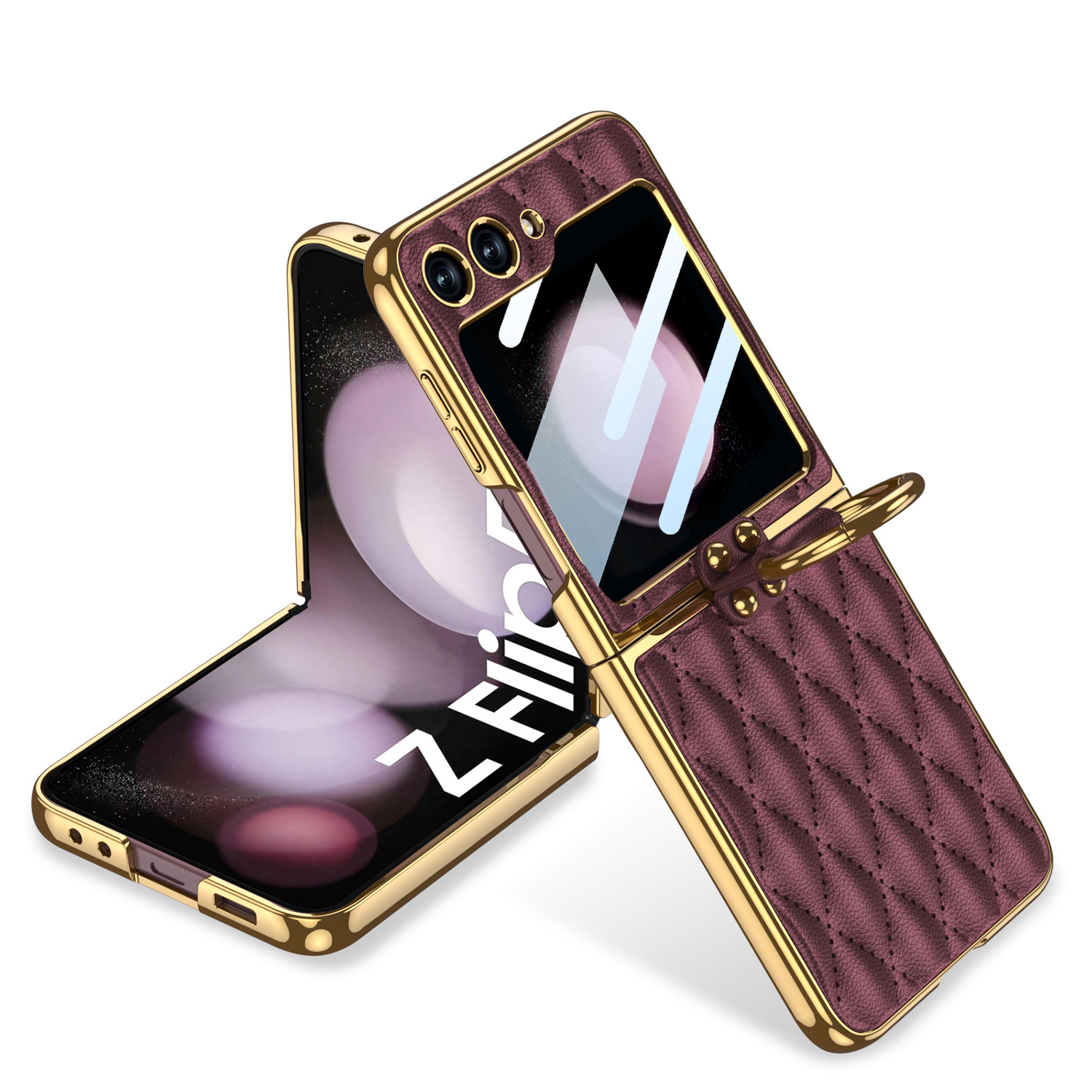 Luxury Leather Plating Ring Holder Case For Samsung Galaxy Z Flip 5